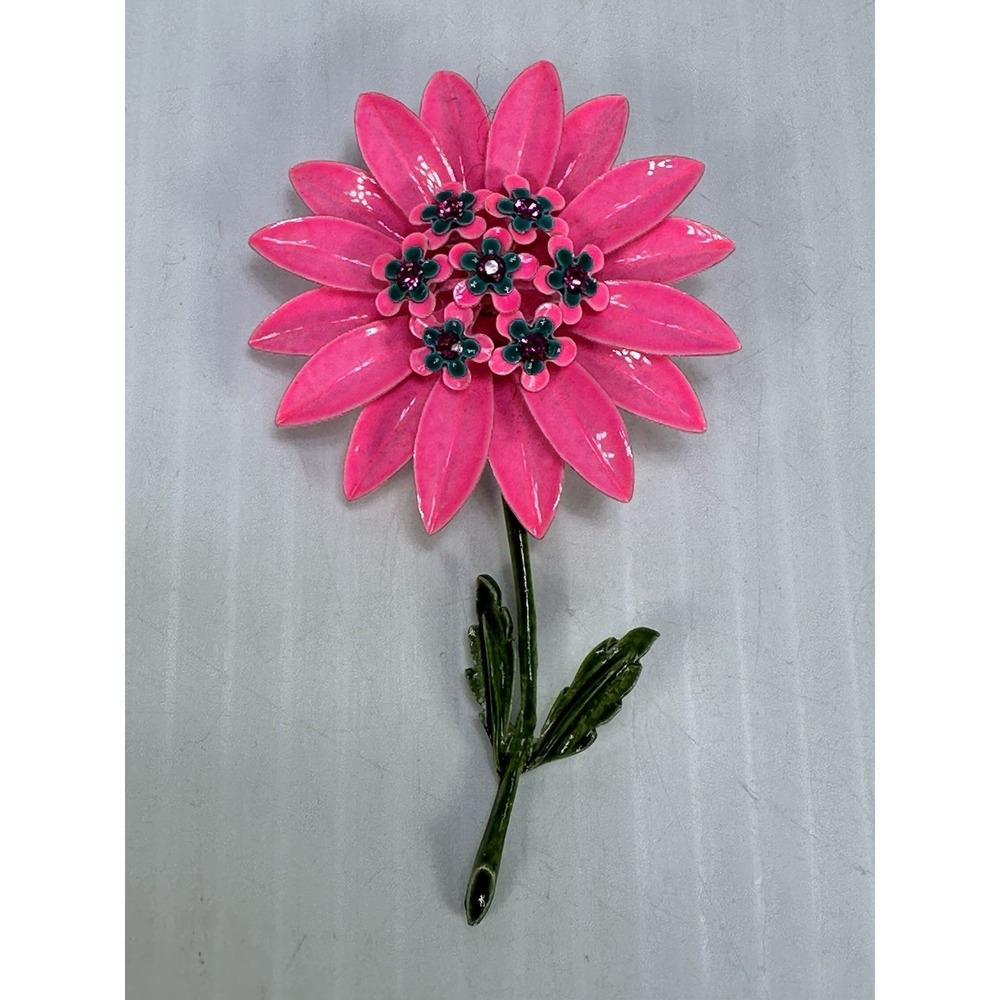 VINTAGE MCM ENAMEL PINK RHINESTONES BLUE FLOWER DAISY BROOCH PIN